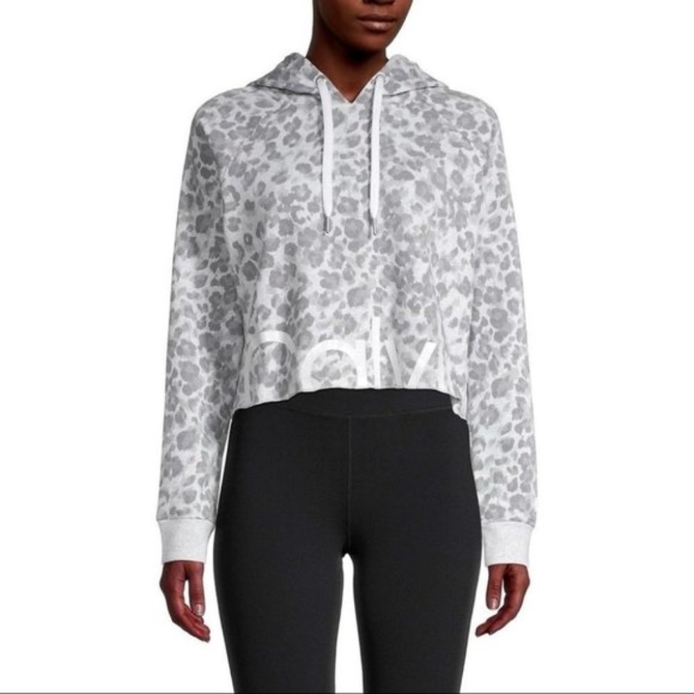 Calvin Klein Performance Grey Leopard Print Cropped Hoodie Size  Medium